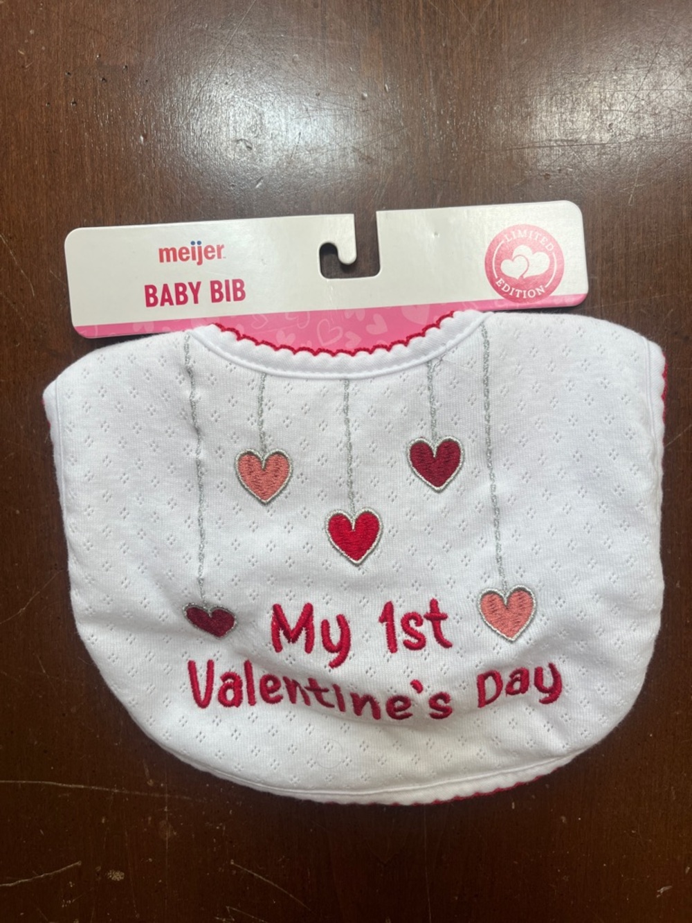 Baby Bib "My 1st Valentine’s Day" - White with Pink & Red Hearts